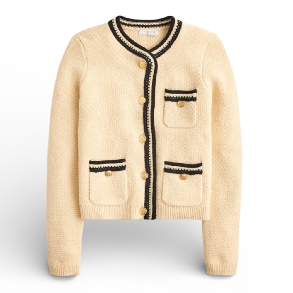 J. Crew Contrast Trim Cardigan Size Large Tan Black Lady Blazer Sweater Blazer